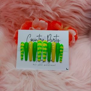 Custom press on nails green yellow and white long size large